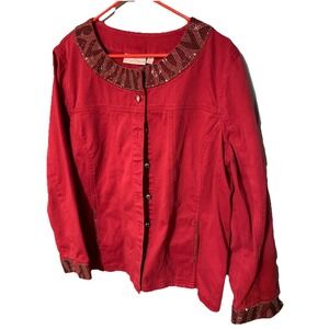 Quacker Factory Jacket Womens XL Red Twill Denim Rhinestone Round Neck